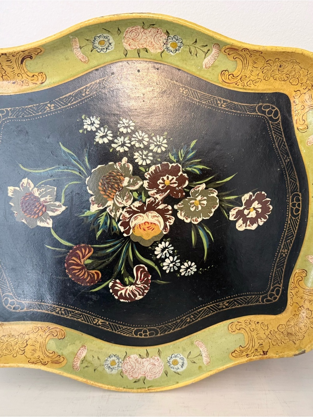 Vintage Tole Hand-Painted Floral Serving Tray - Yellow & Black